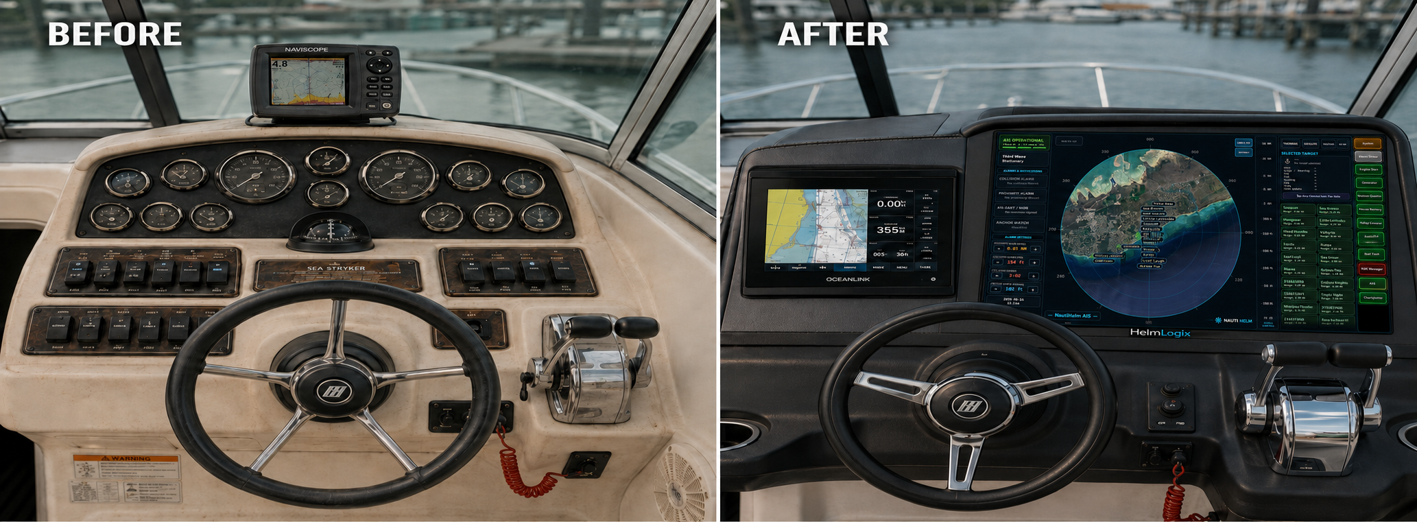 A legacy boat helm with analog gauges and rocker-switch panels beside a modern glass helm with a touchscreen showing speed, RPM, fuel flow, and a software switch panel