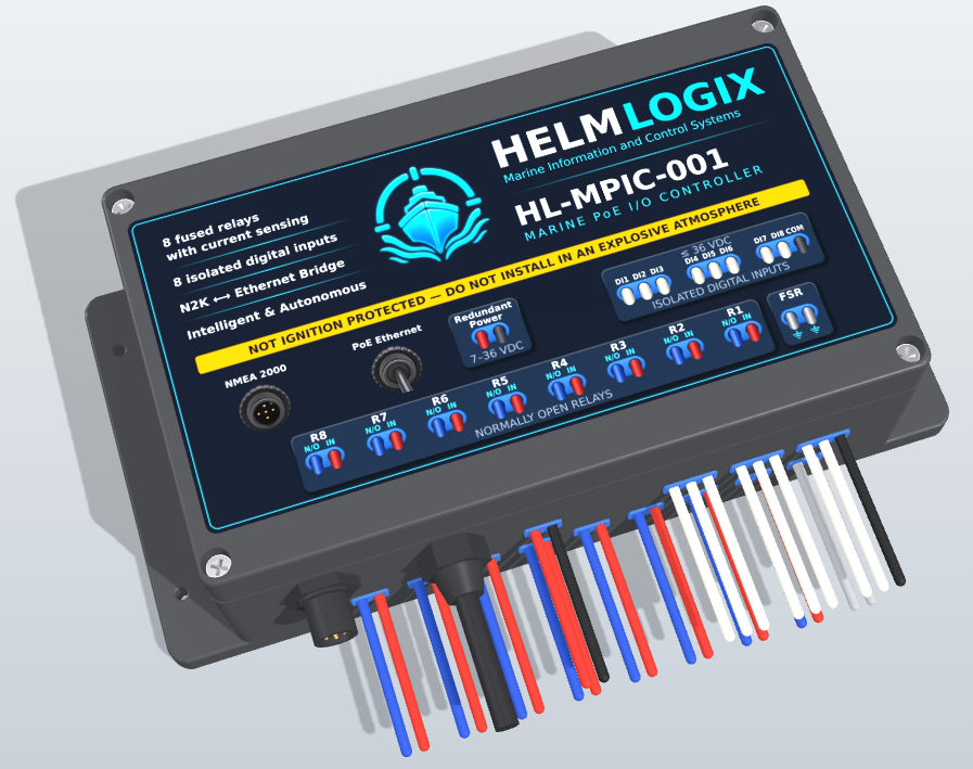 HELMLOGIX HL-MPIC-001 marine PoE I/O controller, eight relay outputs and eight Analog-Digital Inputs
